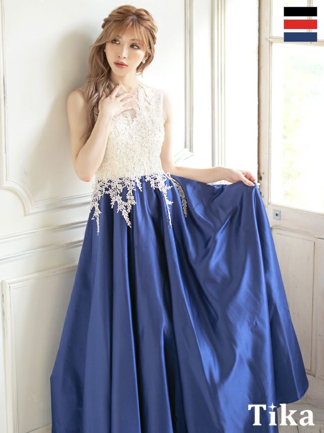 キャバドレス ロング丈 Aライン 大きいサイズ バースデー イベント Tika ティカ バイカラーレース刺繍リーフノースリーブAラインロングドレス
