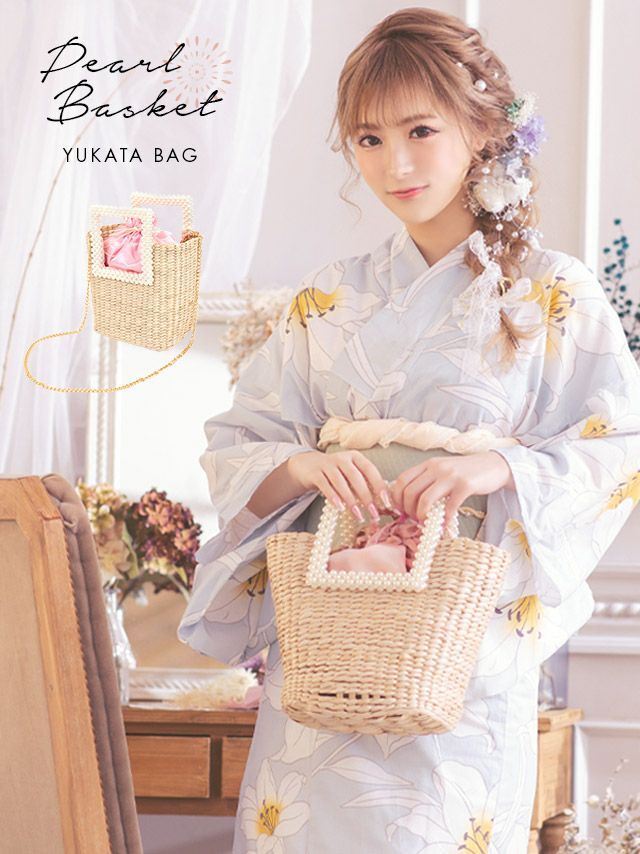 [浴衣小物] サテン巾着付きパールハンドルかごバッグ