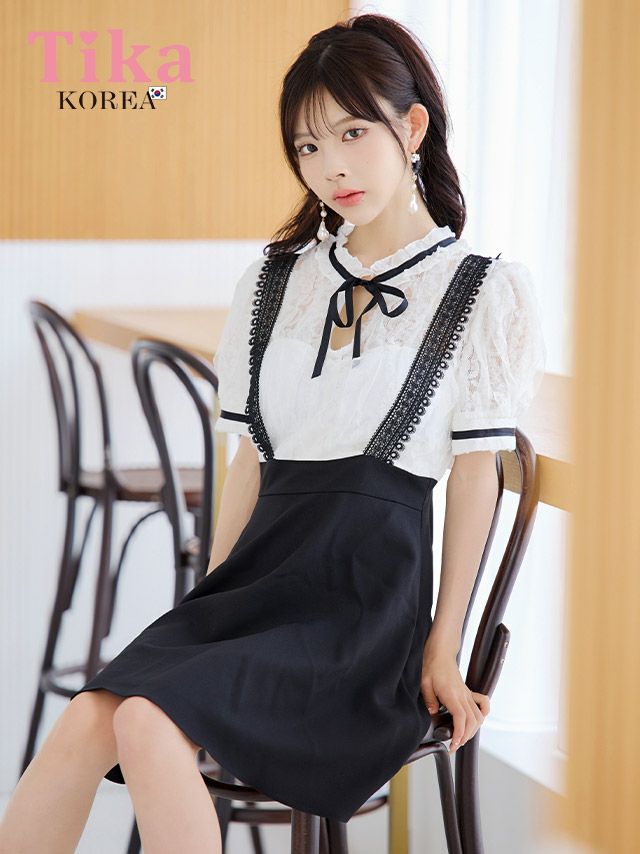 メイン画像 キャバドレス 韓国 [SALE] ミニドレス サロペ風 モノトーン 半袖 ネックリボン Aライン キャバドレス (緩苺着用) [tk-mdk521]