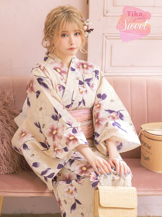 [浴衣] SWEET ニュアンスカラー×華やか椿 3点セット (ゆかた・兵児帯・下駄)