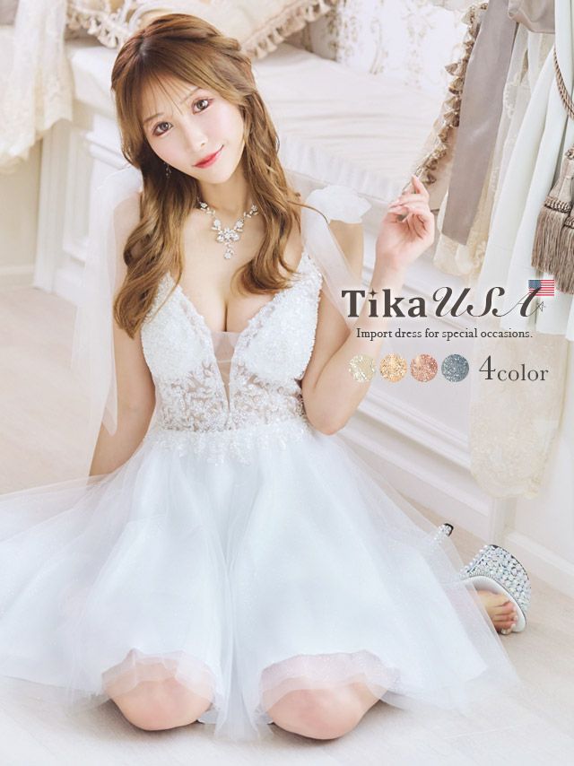 LA直輸入 ショルダーリボン刺繍ビジューチュールAラインミニバースデードレス (XSサイズ～Sサイズ) (浦西ひかる キャバドレス着用)