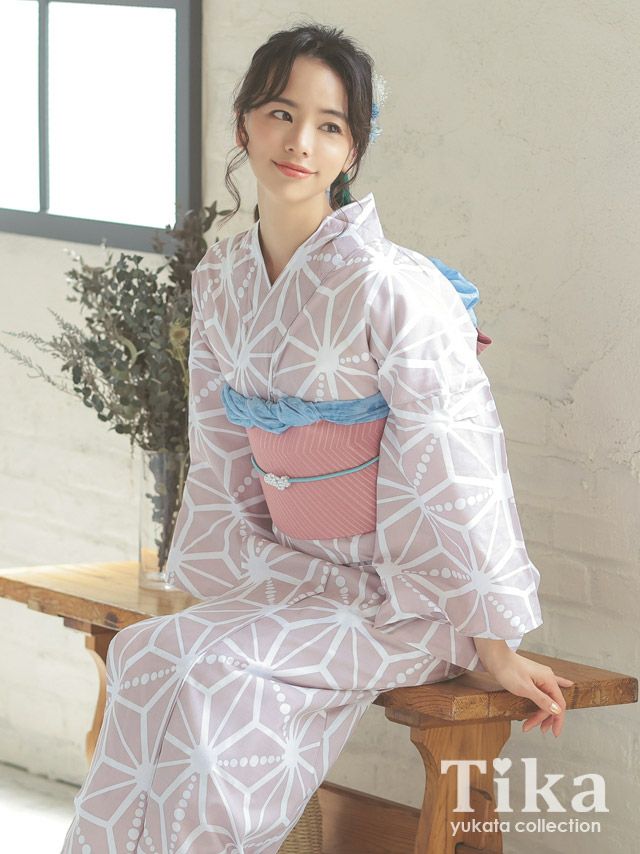 [浴衣 選べる帯] レトロ 変わり生地に麻の葉模様 3点セット (ゆかた・平帯or作り帯・下駄)