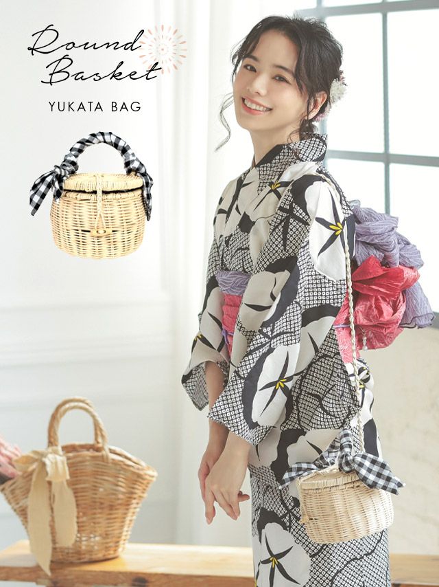 [浴衣小物] ラウンドギンガムチェックデザインショルダーかごバッグ