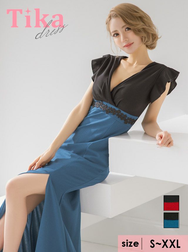 キャバドレス ロングドレス キャバクラ クラブ ラウンジ マキシ丈 ロング丈 タイト スリット セクシー Tika ティカ カシュクールフリル半袖ハイウエスト切り替え刺繍デザインマーメイドロングドレス