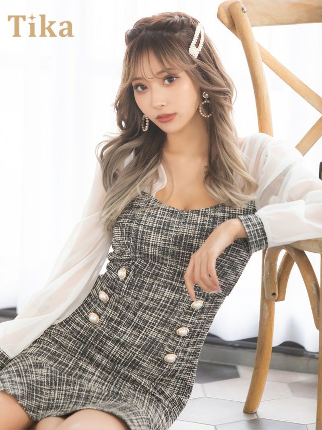 キャバドレス 韓国 ミニ丈 袖あり キャバクラ  韓国ドレス モノトーン Tika ティカ シアー長袖ツイード裾フリルレディスタイルタイトミニドレス