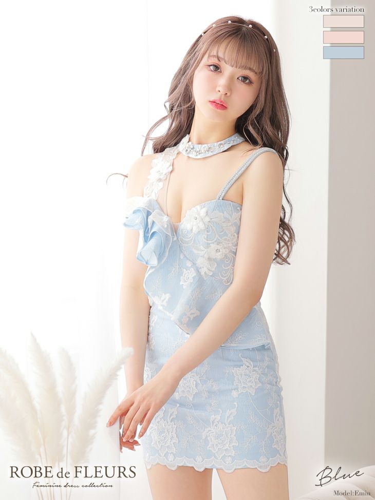 ROBEdeFLEURS ローブドフルール 高級レースｘアシンメトリー胸元フリルノースリーブタイトミニドレス