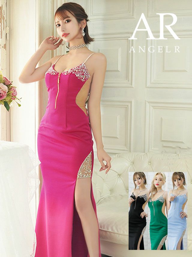 Angel-R エンジェルアール 高級フロントファスナーキラキラビジューキャミソールタイトロングドレス