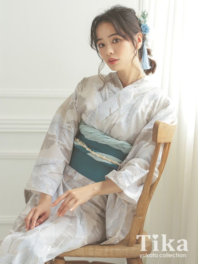 [浴衣 選べる帯] レトロ ベージュ地にホワイトリーフ 3点セット (ゆかた・平帯or作り帯・下駄)