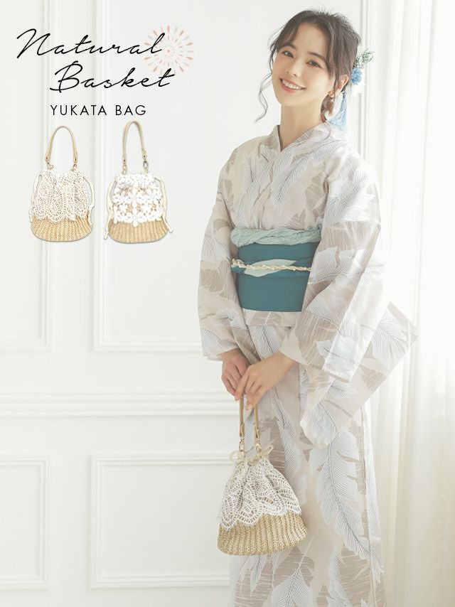 [浴衣小物] 選べる花柄&リーフ柄 ラウンド型2Wayペーパーかごバッグ