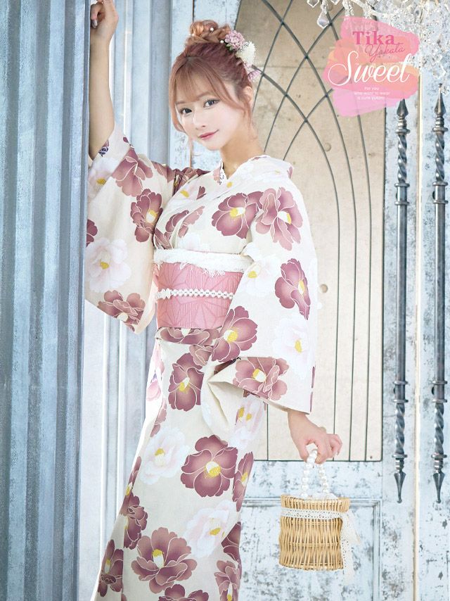 [浴衣 選べる帯] SWEET ニュアンスベージュ地×華やか椿 3点セット (ゆかた・平帯or作り帯・下駄)