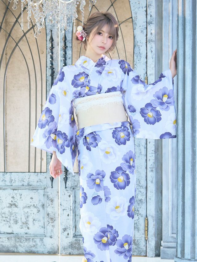 [浴衣 選べる帯] SWEET ニュアンスカラー×紫椿 3点セット (ゆかた・平帯or作り帯・下駄)