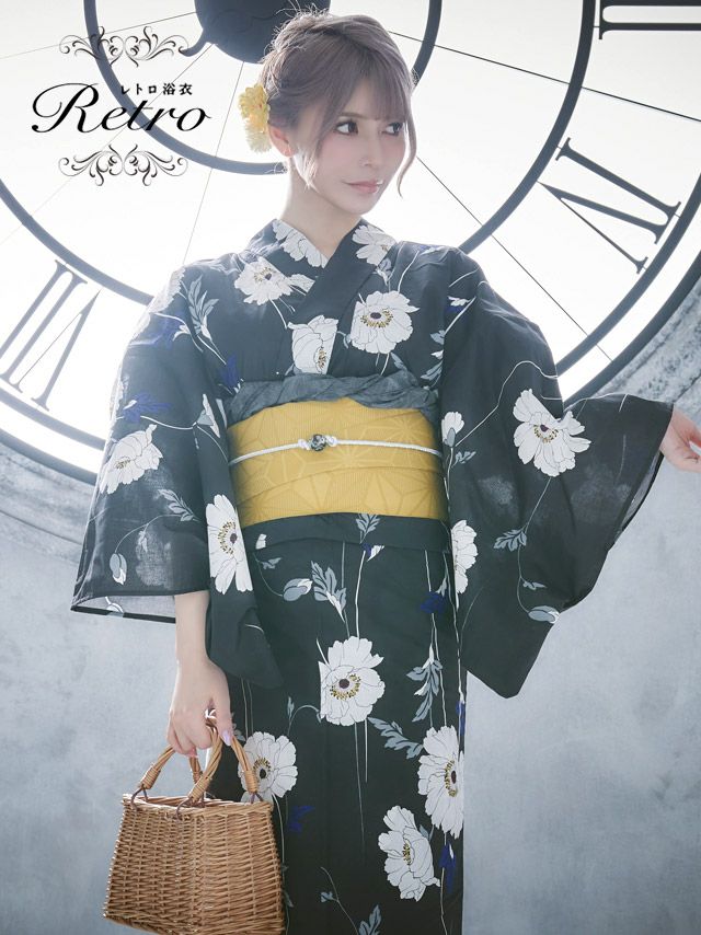 [浴衣 選べる帯] ホワイトポピー×黒地 大人レトロ 3点セット (ゆかた・平帯or作り帯・下駄)