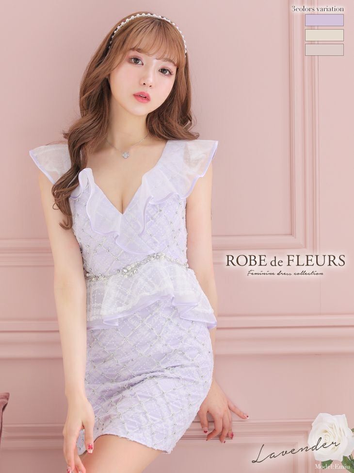 ROBEdeFLEURS ローブドフルール 高級パステルサテンフリル袖ブロックチェック柄チュールペプラムノースリーブタイトミニドレス