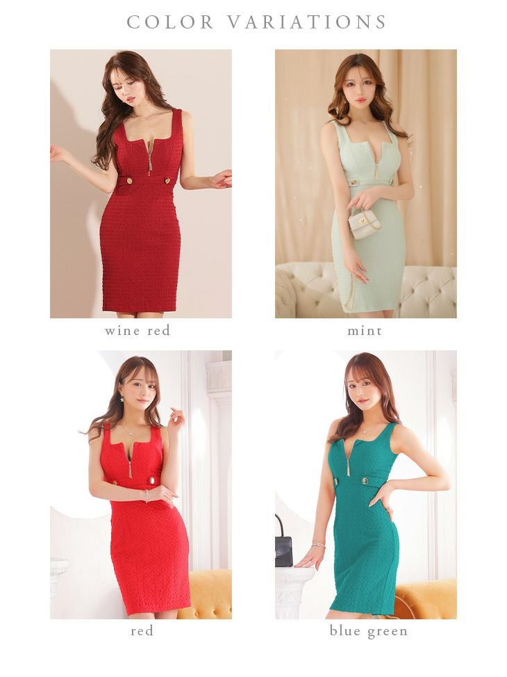 DEA.byROBEdeFLEURS ディアバイローブドフルール 高級バストジッパーデザインスーパーストレッチワッフルノースリーブ膝丈タイトドレス