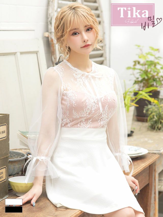 メイン画像 キャバドレス 韓国 リボン×レース長袖 袖ありフレアミニドレス (Sサイズ～Lサイズ) (戦慄かなの/キャバドレス着用)