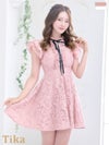 キャバドレス Aライン ワンピース ミニ丈 大きいサイズ Tika ティカ シースルーフラワー総レースハイネックリボンフリル袖フレアミニドレス