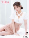 キャバドレス ミニ丈 セクシー大きいサイズ 袖あり キャバクラ Tika ティカ クロスネックフリル袖フラワー刺繍バストシッパーフリルスリット半袖タイトミニドレス