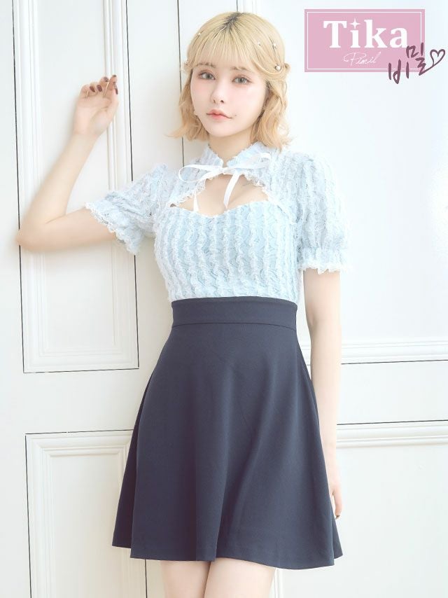 メイン画像 キャバドレス 韓国 半袖レースハイウエスト切替フレアミニドレス (Sサイズ～Lサイズ) (戦慄かなの/キャバドレス着用)