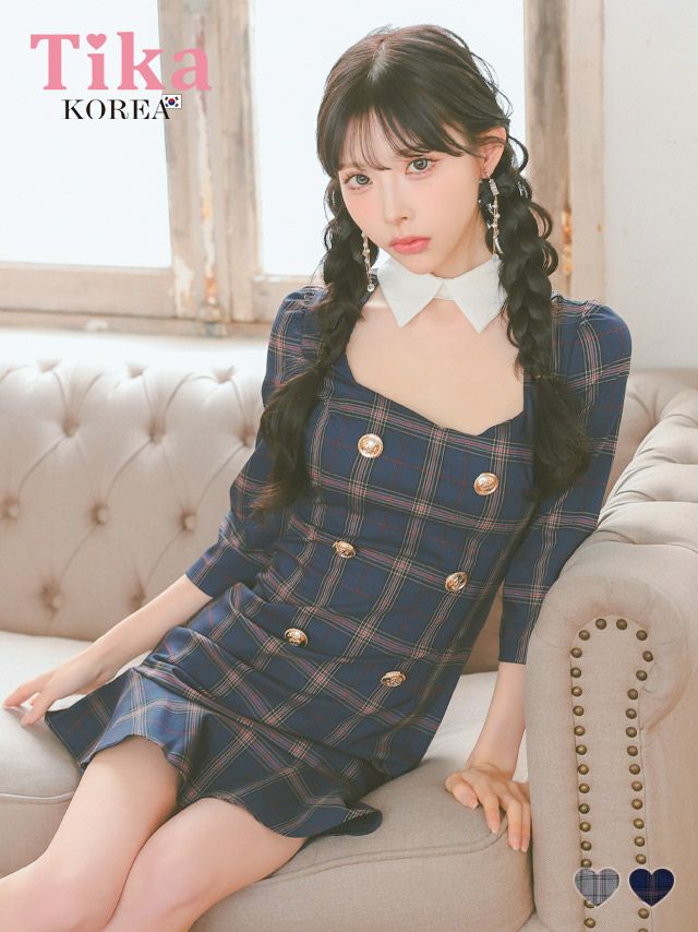 メイン画像 キャバドレス 韓国 ミニドレス チェック柄 スクエアネック バストカット 袖あり 七分袖 襟付き 谷間魅せ タイトミニ キャバドレス (緩苺着用) [tk-mdkj-083a]