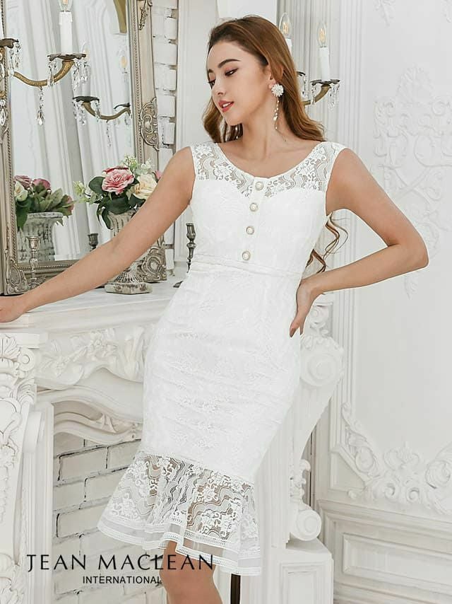 JEANMACLEAN ジャンマクレーン 高級フロントボタン総レースマーメイド膝丈ドレス