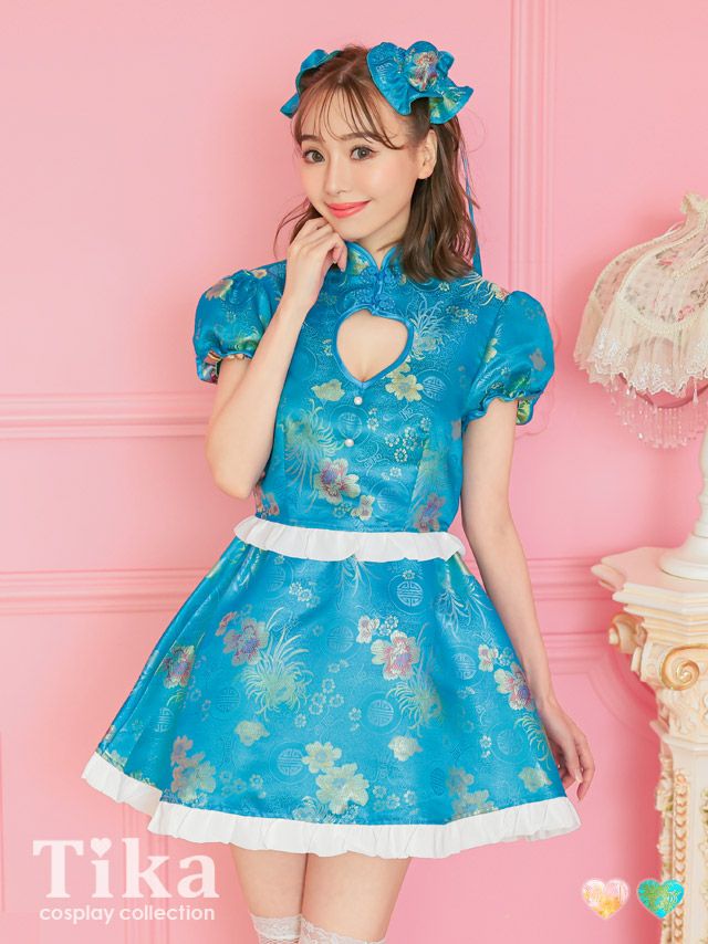 コスプレ チャイナ服 衣装 仮装 コスチューム お化けの日 ハロウィンコスプレ 3点set 花柄フリルハートカットアウトデザインセパレートチャイナドレス