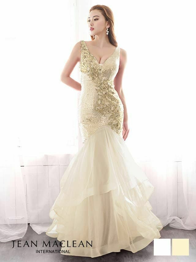 JEANMACLEAN ジャンマクレーン 高級スパンコールバックレースアップデザインマーメイドチュールロングドレス