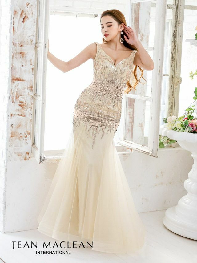 JEANMACLEAN ジャンマクレーン 高級スパンコールデザインチュールマーメイドノースリーブロングバースデードレス