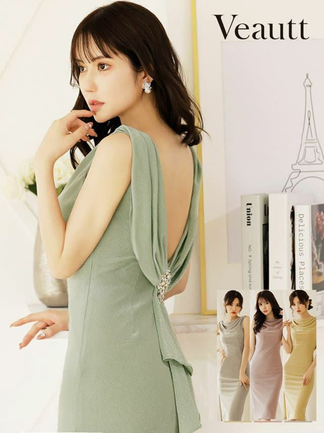 Veautt ヴュート 高級バックリボンビジュードレープノースリーブタイト膝丈ドレス