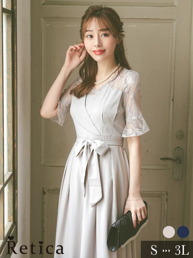 レース切替ウエストリボンイレギュラーヘムサテンフレアミモレ丈ベルスリーブ結婚式パーティードレス