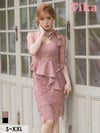 キャバドレス ミディアムドレス 七分袖 セクシー キャバクラ クラブ ラウンジ Tika ティカ 袖ありバストカットアウトネックリボンペプラムベルト付きケミカルレース膝丈タイトドレス