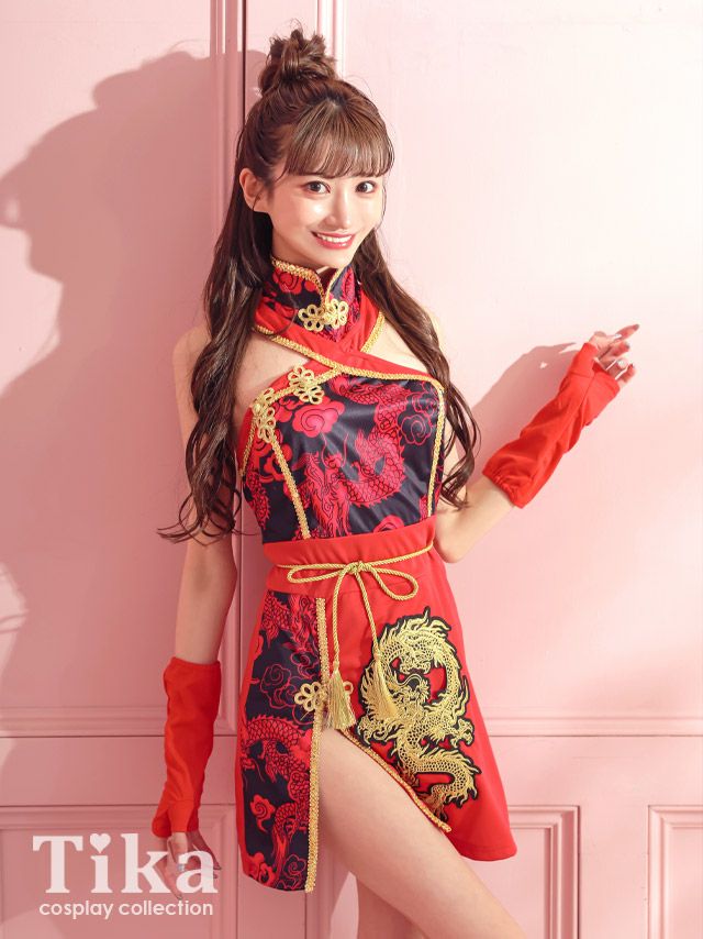 コスプレ カンフー衣装 チャイナ服 スカート ハロウィンコスプレ 3点set ドラゴン刺繍セクシーミニスリットカンフー チャイナドレス