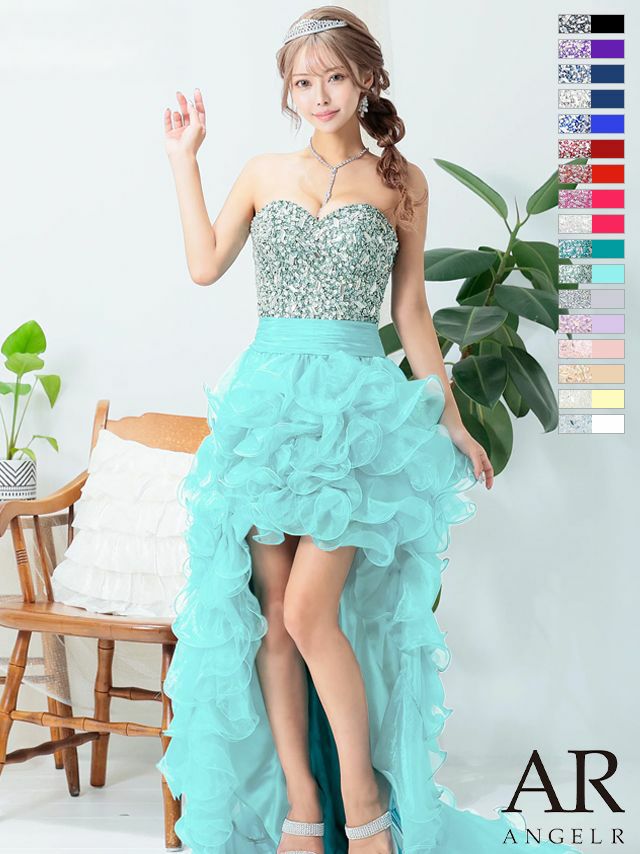 Angel-R エンジェルアール 高級ビジューベアトップ×フリルフロントミニロングテールチュールドレス