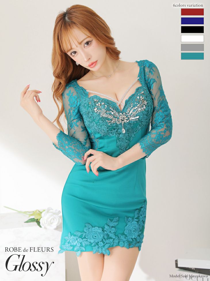ROBEdeFLEURSGlossy ローブドフルールグロッシー 高級レーススリーブ×バストクロス袖ありタイトミニドレス