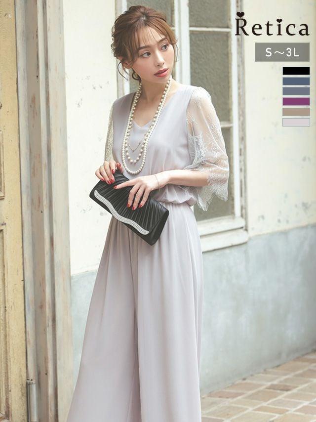 シフォンウエスト切り替えワイドパンツシアーレーススリーブ結婚式パーティードレス