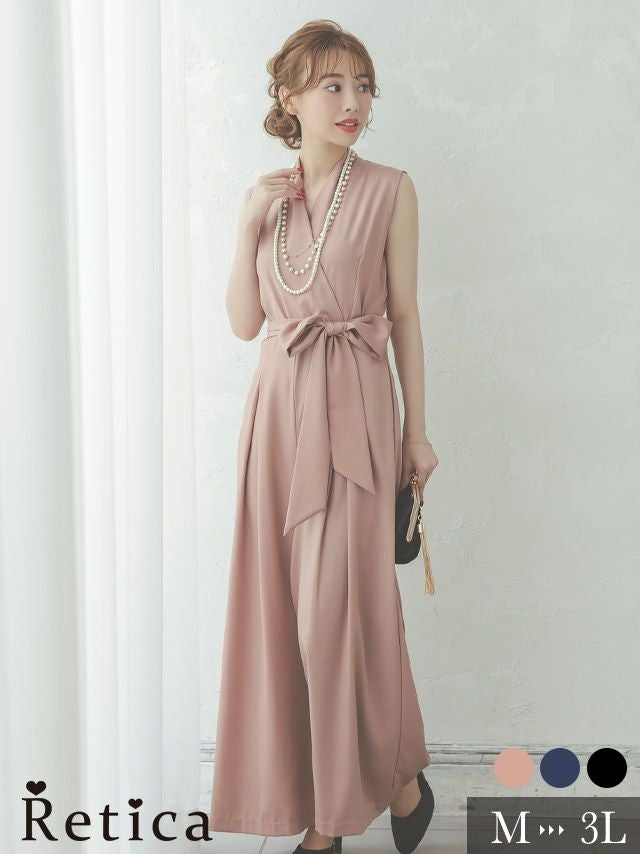 カシュクールネックウエストリボンワンカラーパンツ結婚式パーティードレス