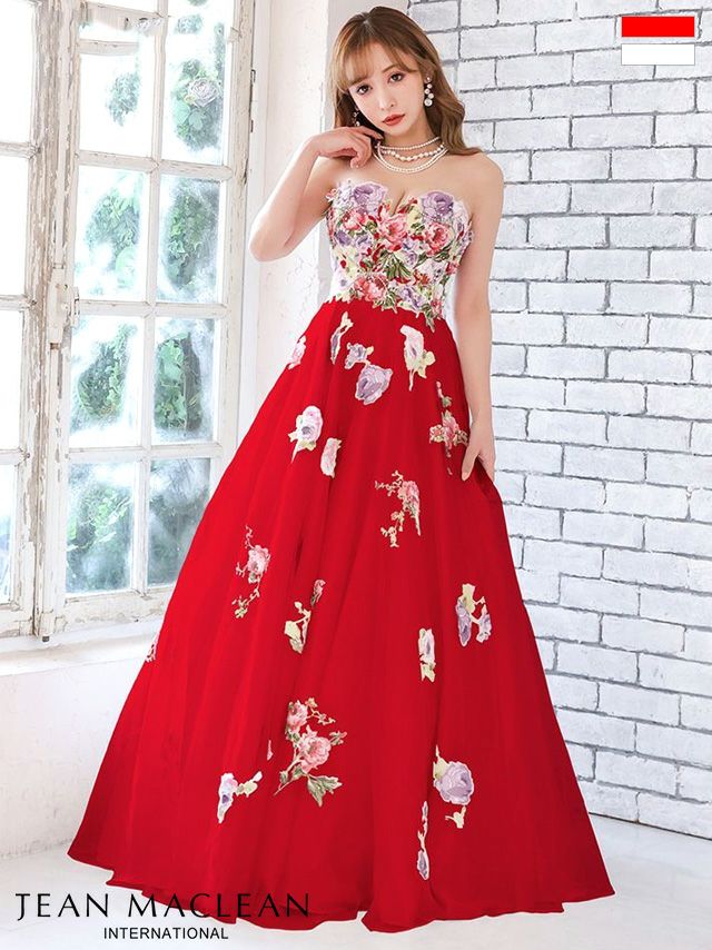 キャバドレス ロングドレス JEANMACLEAN ジャンマクレーン 高級フラワースパンコールベアトップボリュームフレアロングドレス