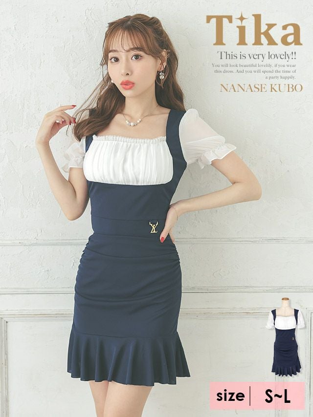 メイン画像 キャバドレス 韓国 シフォンパフスリーブハイウエスト切替裾フリル半袖タイトミニドレス (Sサイズ～Lサイズ) (久保七瀬/キャバドレス着用)