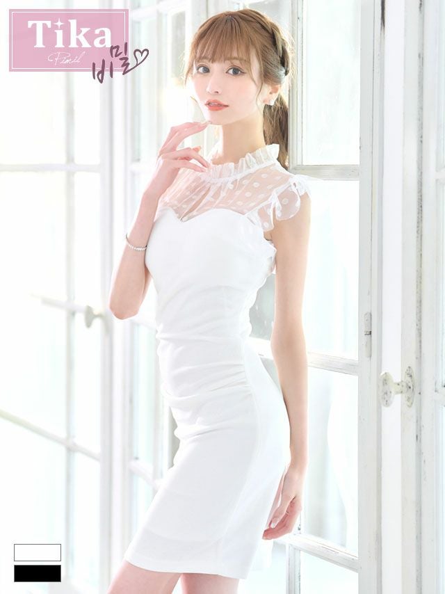 メイン画像 キャバドレス 韓国 ハイネックシアードット柄ノースリーブフリル袖ストレッチタイトミニドレス (Sサイズ～Lサイズ) (愛沢えみり/キャバドレス着用)