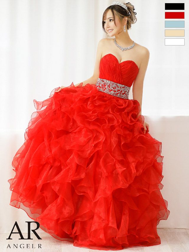 Angel-R エンジェルアール 高級コルセット風ビジューデザインバックレースフリルベアトップフレアウェディングバースデードレス