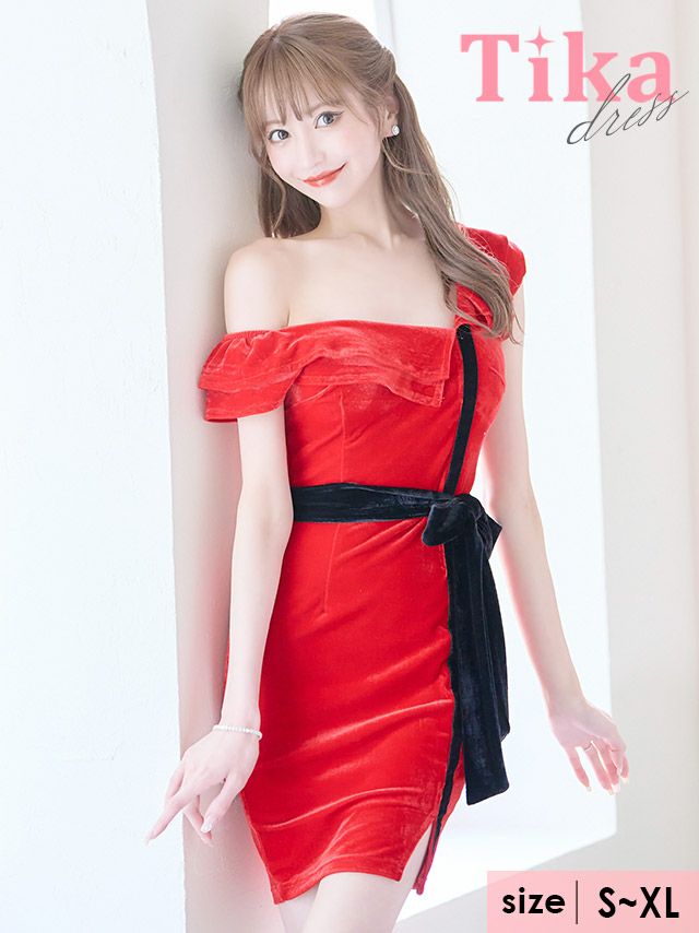 キャバドレス ミニ丈 赤 大きいサイズ サンタ キャバクラ Tika ティカ ワンショルダーフリル袖ウエストリボンベロアタイトミニドレス