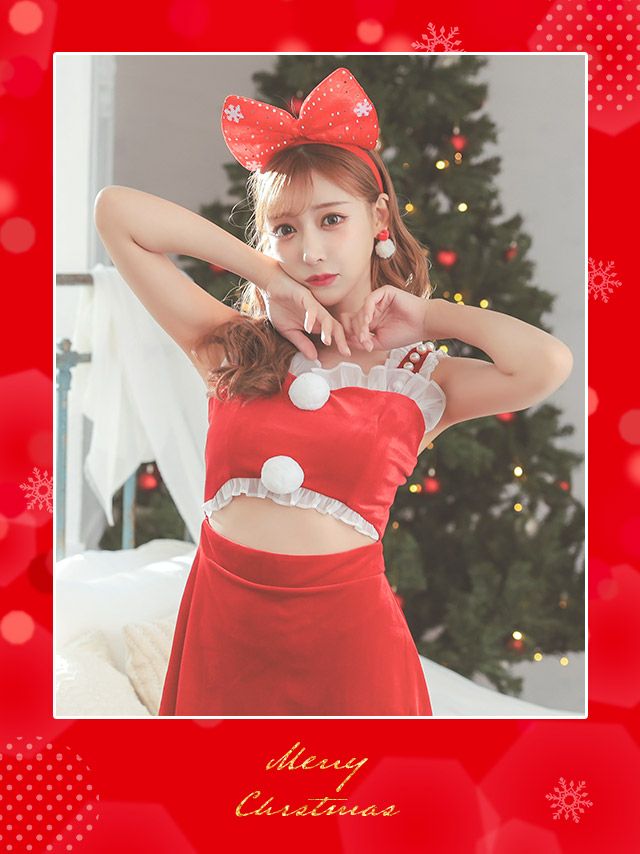 サンタコスプレ 3点set パール付きショルダーアウト へそ出し セクシー