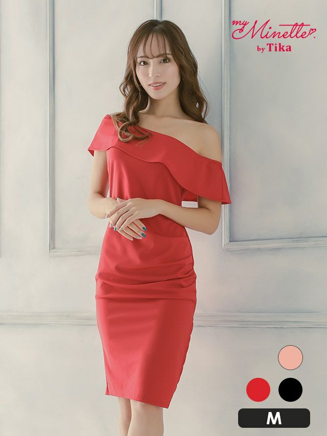 ワンショルダー胸元フリルワンカラー膝丈サイドスリットタイトプチプラドレス