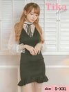 キャバドレス ミニ丈 大きいサイズ 袖あり キャバクラ Tika ティカ スタンドネックリボン長袖レース切り替え裾フリルタイトミニドレス