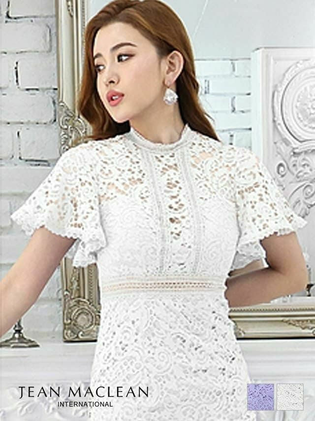 JEANMACLEAN ジャンマクレーン 高級総レースウエスト切替マーメイド半袖膝丈ドレス