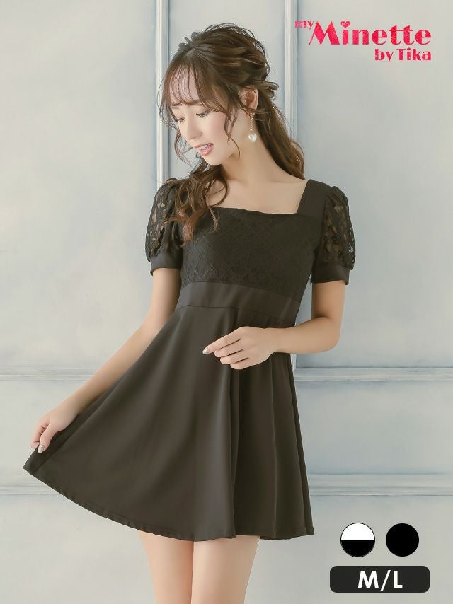 半袖レースパフスリーブハイウエスト切替フレアミニドレス