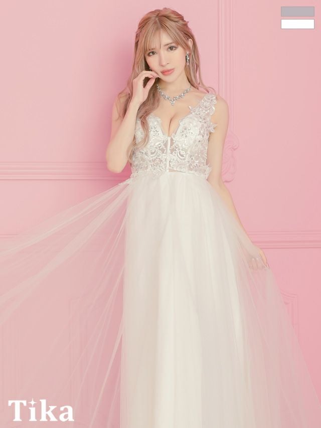 キャバドレス ロング丈 Aライン マキシ丈 大きいサイズ Tika ティカ フラワーモチーフ刺繍ノースリーブシアービジューエアリーチュールAラインロングドレス