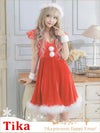 コスプレ サンタ ドレス Aライン Tika ティカ サンタコス 4点set レースフリル袖ベルト付きAラインベロアクリスマスガーリーサンタコスプレ