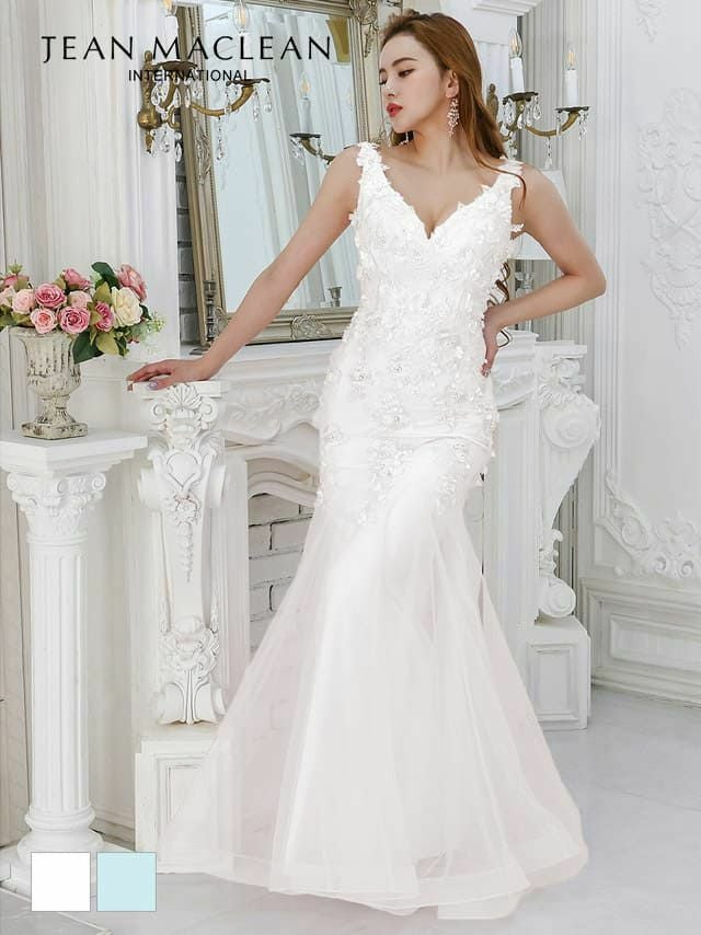 JEANMACLEAN ジャンマクレーン 高級立体フラワーモチーフ刺繍デザインチュール切替マーメイドノースリーブロングドレス