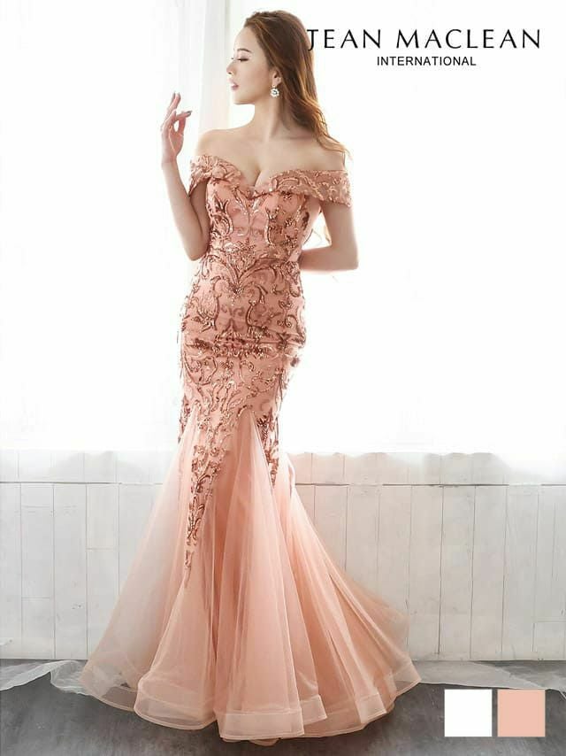 JEANMACLEAN ジャンマクレーン 高級刺繍スパンコールデザインバックレースアップチュールマーメイドオフショルダーロングドレス