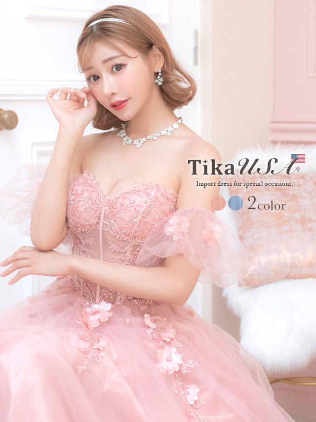 LA直輸入 シアーコルセット刺繍トップパフスリーブ付き3Dラメチュールロングドレス (XSサイズ～Mサイズ) (明日花キララ キャバドレス着用)